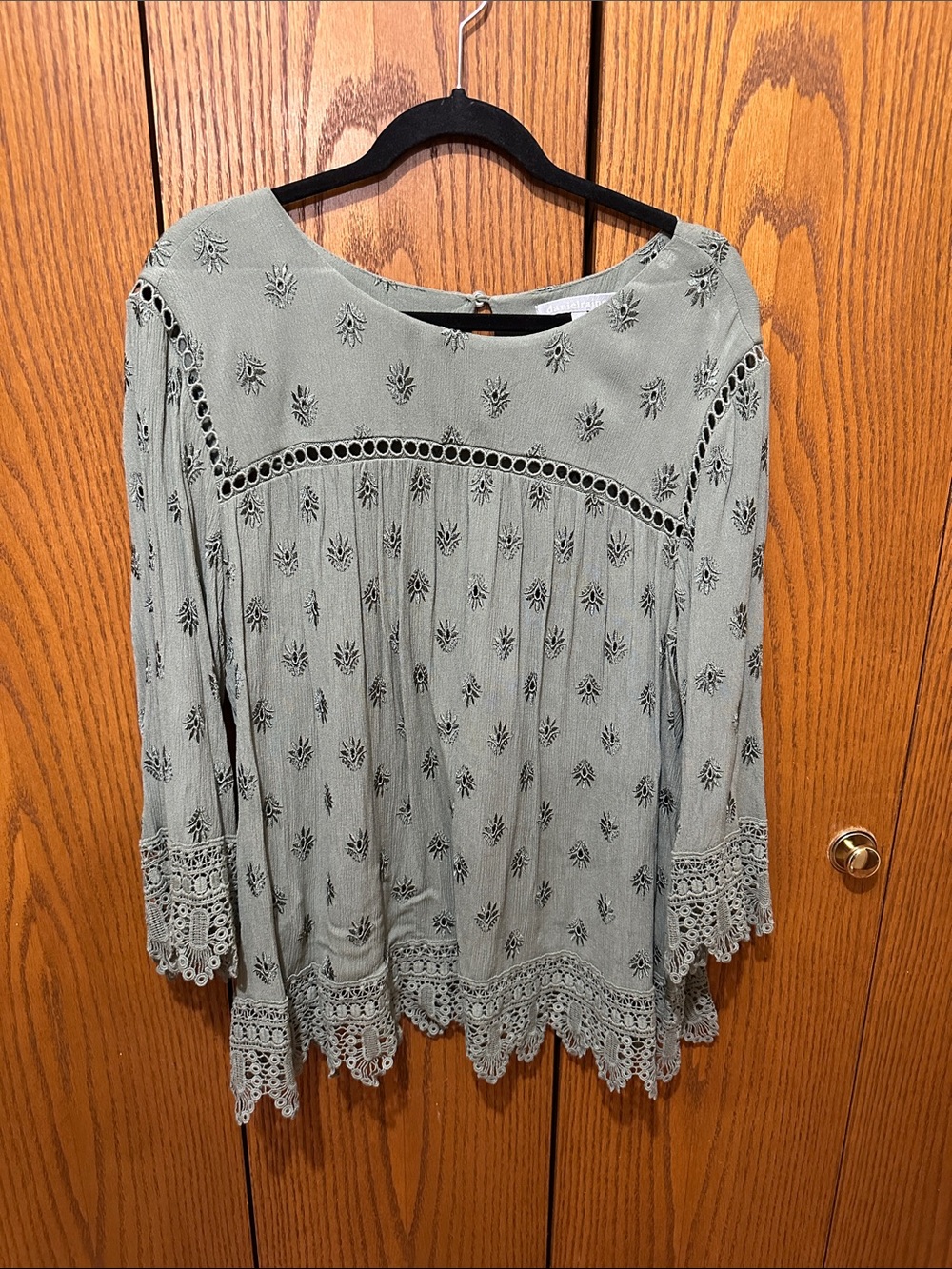 Daniel Rainn Sage Green Crochet-Trim Boho Blouse